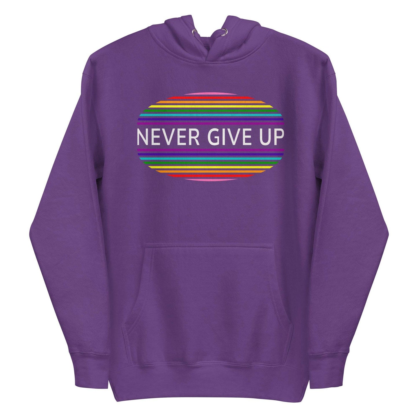 The Never Give Up Hoodie by Pridelity features a black design and showcases the inspiring message "Never Give Up" in white within a vibrant, striped oval on the chest, making it an ideal choice for those who appreciate resilience and take pride in their apparel.