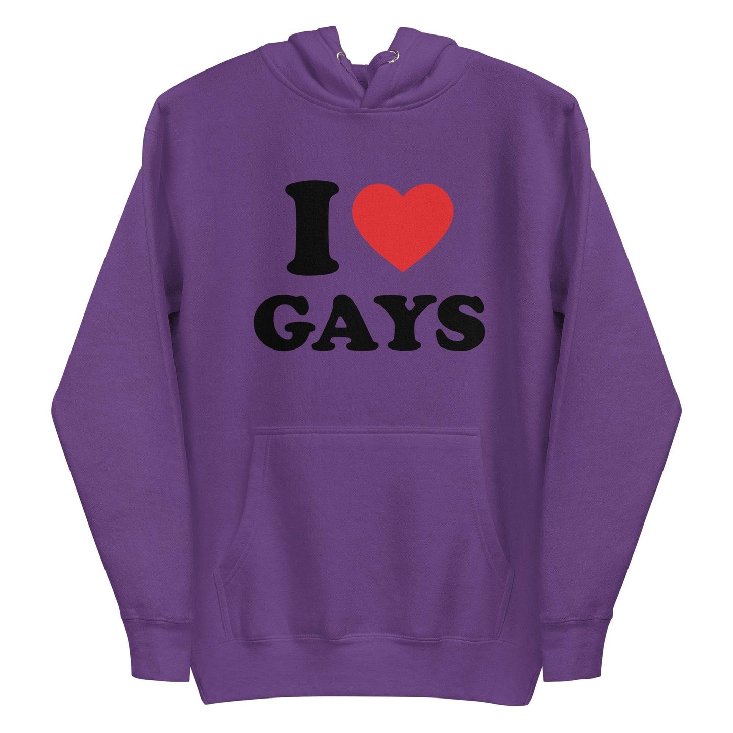 The I Love Gays Hoodie by Pridelity showcases striking black text with "I ♥ GAYS" on the front, substituting a bright red heart for "love." It includes a convenient front pocket and a drawstring hood, offering both style and comfort. This hoodie is available in white.