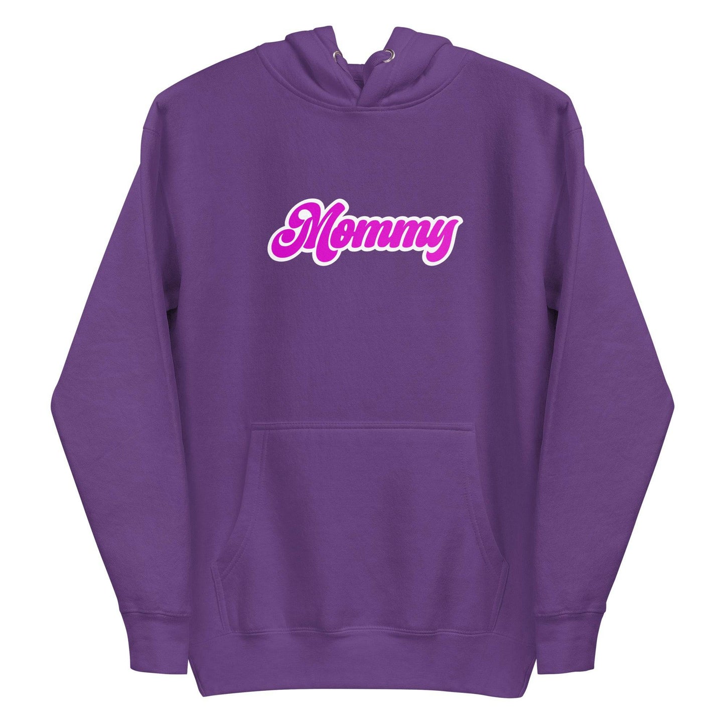Pridelity's Mommy Hoodie in purple, featuring "Mommy" written in pink cursive across the chest, celebrates pride.