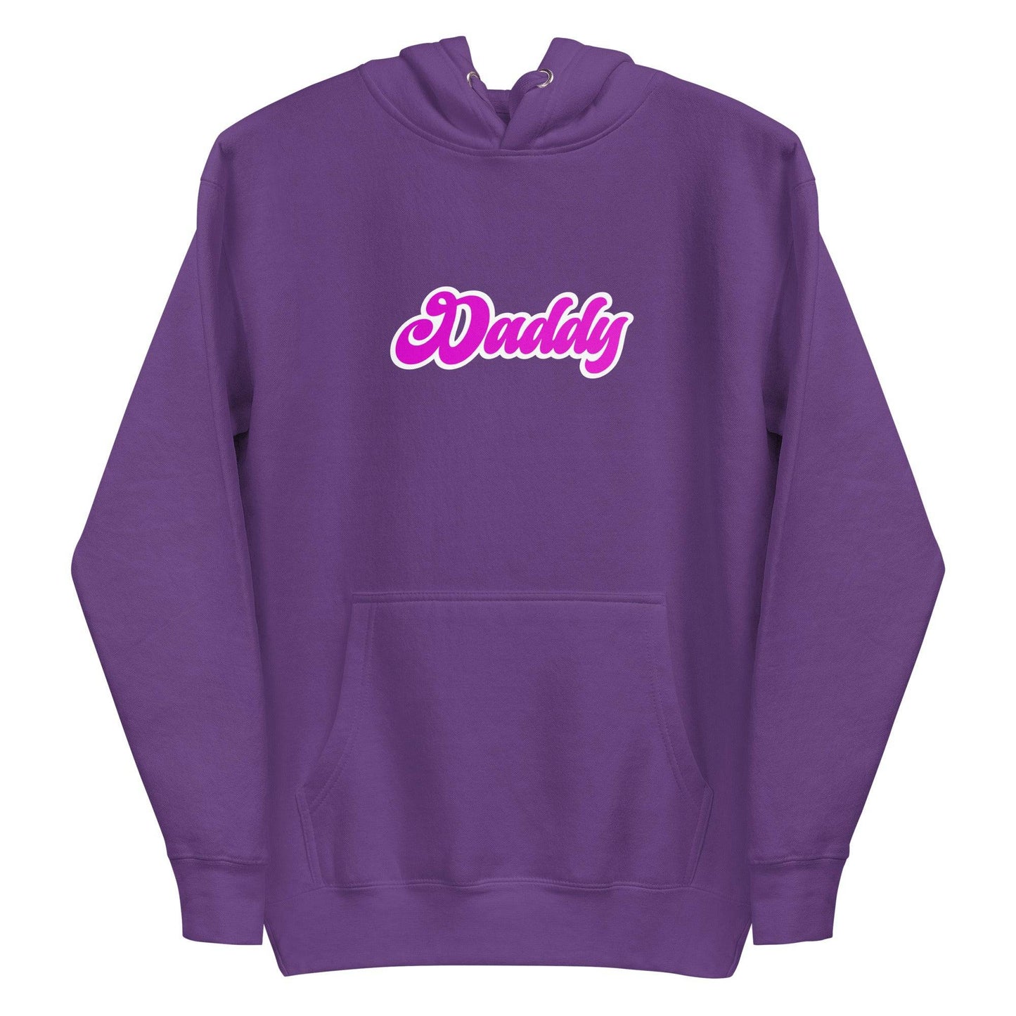 A vibrant piece from Pridelity's Pride Collections, the Daddy Hoodie is a purple standout featuring "Daddy" in bold, pink bubble letters across the chest. It comes equipped with a front pocket and drawstrings, making it perfect for proudly showcasing your style.