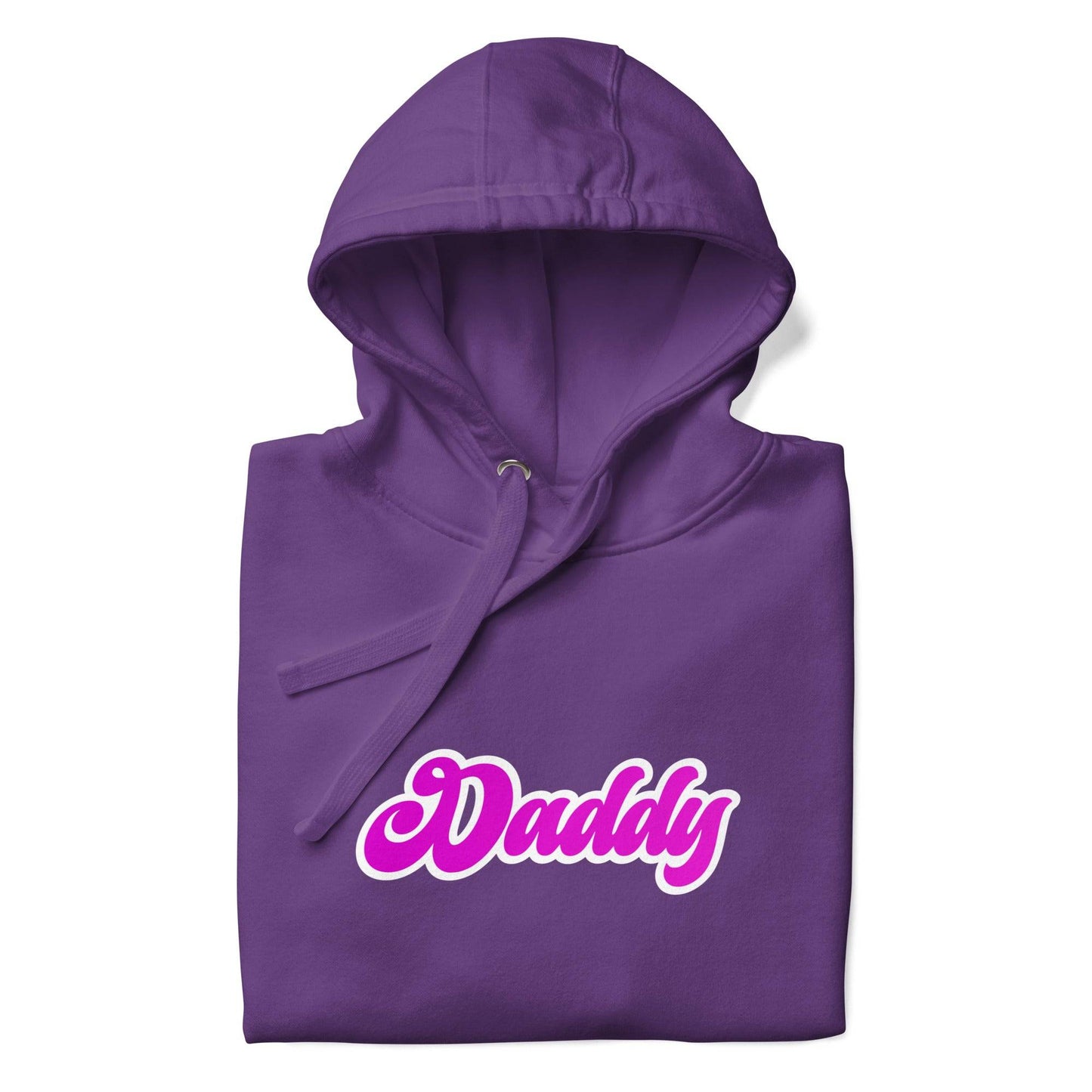 A vibrant piece from Pridelity's Pride Collections, the Daddy Hoodie is a purple standout featuring "Daddy" in bold, pink bubble letters across the chest. It comes equipped with a front pocket and drawstrings, making it perfect for proudly showcasing your style.