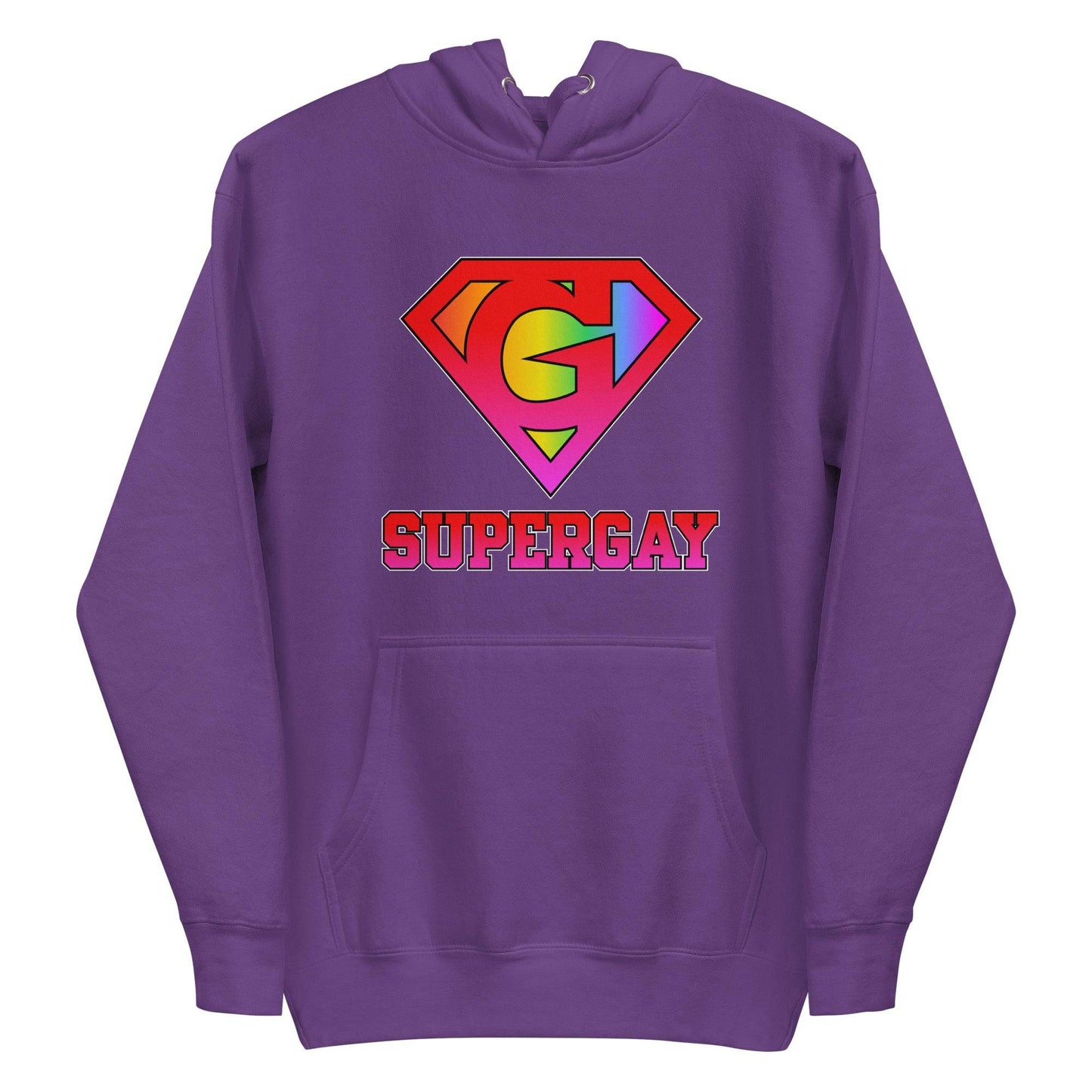 Explore the SuperGay Hoodie by Pridelity, part of our pride collection. This white hoodie features a rainbow-colored "S" shield design reminiscent of a superhero logo, with bold pink letters spelling out "SUPERGAY" below, celebrating LGBTQ+ pride in vibrant style.