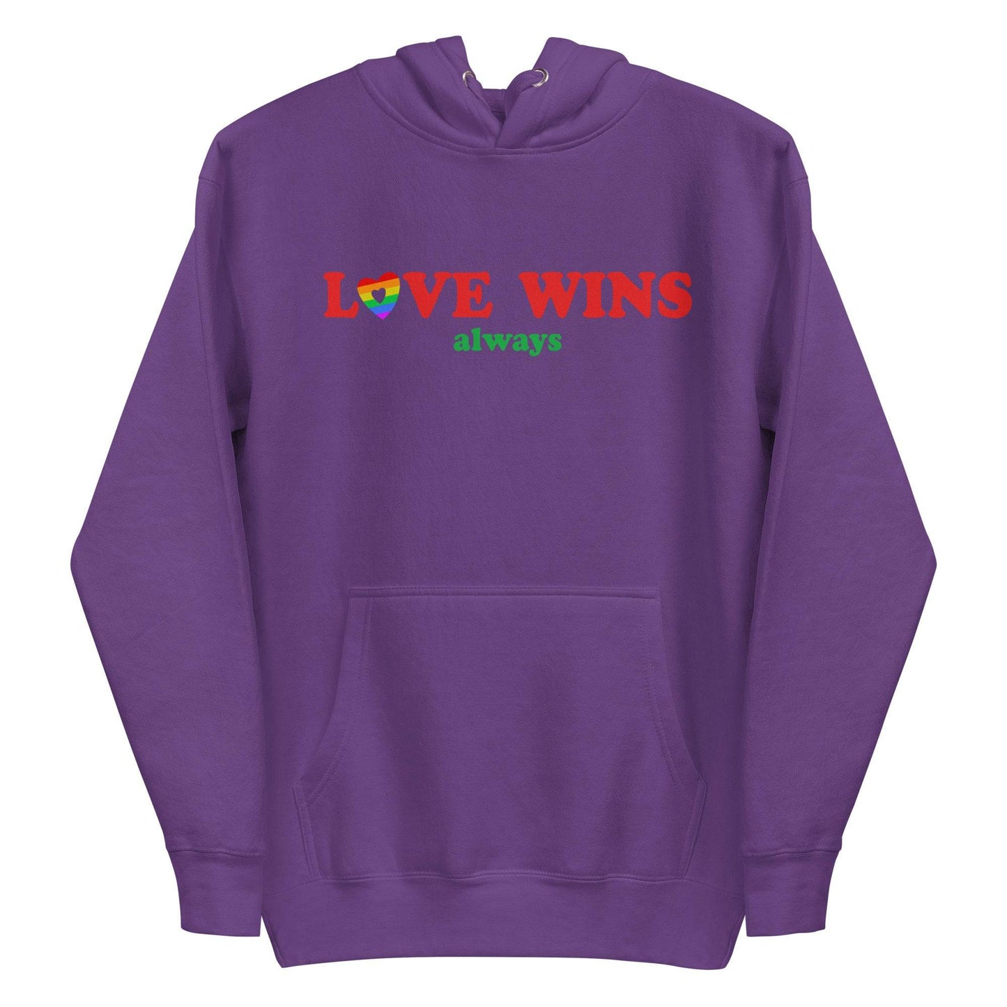 Introducing the Love Wins, Always Hoodie by Pridelity in Team Royal. This cozy garment is perfect for proudly expressing yourself, featuring the phrase "LOVE WINS always" with charming rainbow-colored "O" and "S." Complete with a front pocket and adjustable drawstrings, it offers both comfort and style.