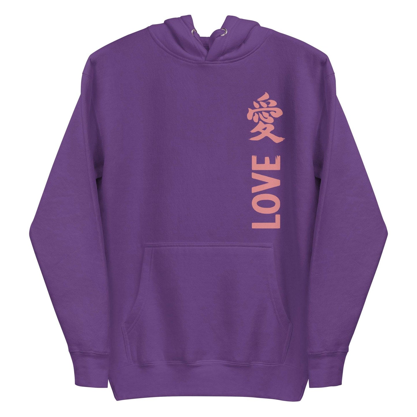 The Love Kanji Hoodie from Pridelity is a black piece featuring the word "LOVE" in pink capital letters running vertically on the front, coupled with a pink stylized Chinese character. This pride-inspired hoodie is designed with a front pocket and drawstring hood, seamlessly blending style with a bold expression of love.