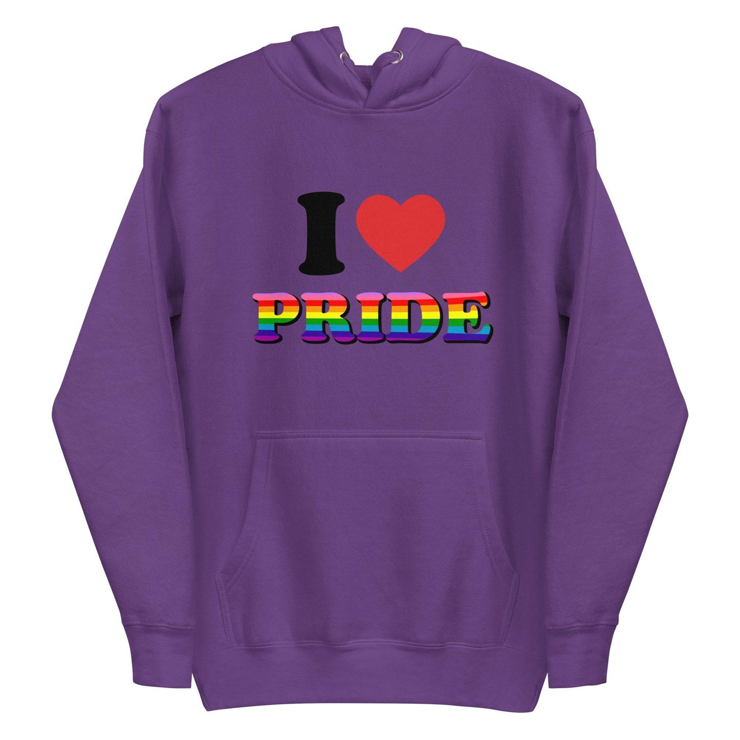 Introducing the I Love Pride Hoodie from Pridelity, a stylish white hoodie showcasing "I ❤️ PRIDE" on the front with "PRIDE" glowing in vibrant rainbow colors—ideal for pride enthusiasts.