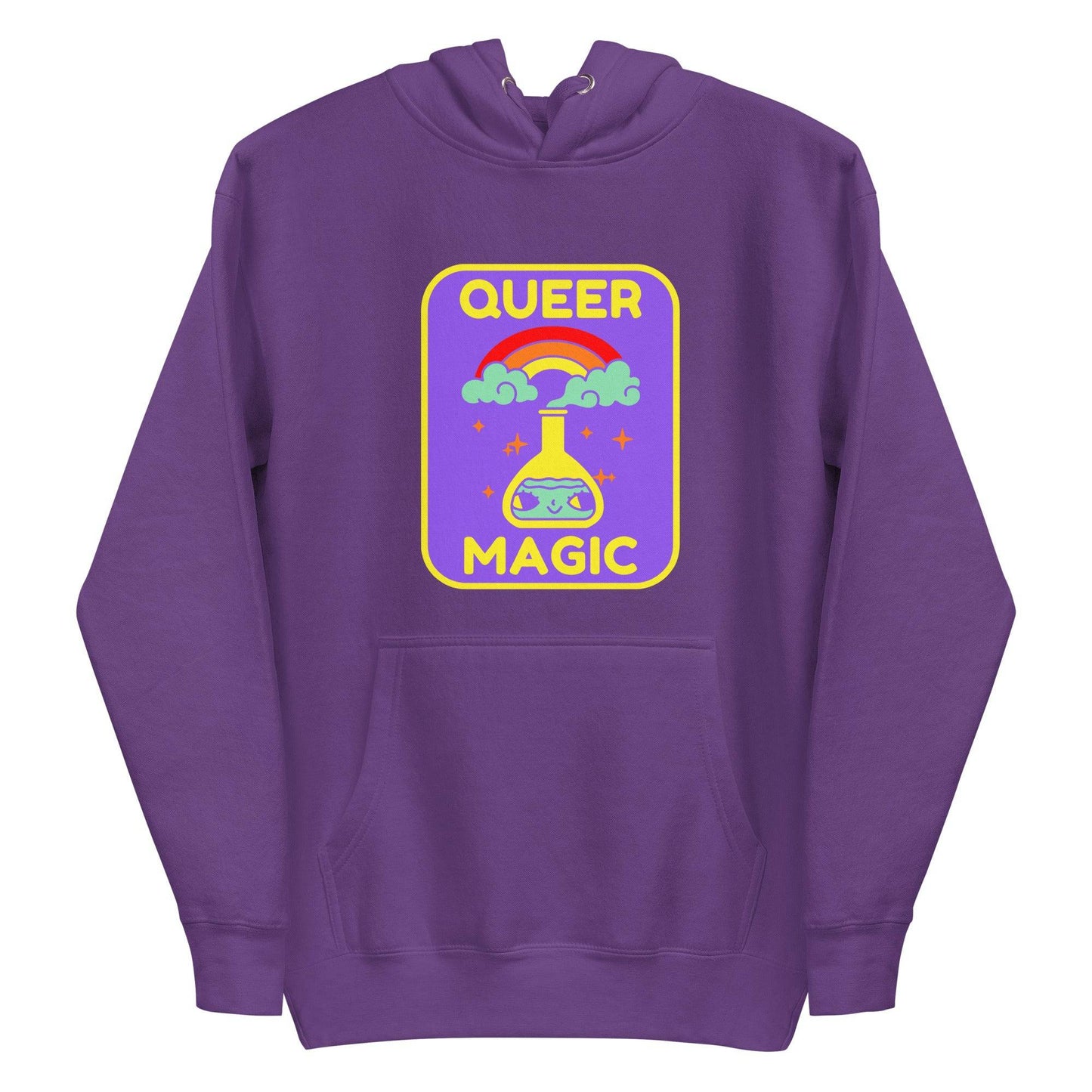 Introducing the "Queer Magic Hoodie" by Pridelity, a stylish piece from our pride collection. This purple hoodie features a vibrant design of a potion bottle with a smiling face, set amidst clouds and a rainbow. The phrase "Queer Magic" is elegantly printed above and below the illustration, celebrating LGBTQ+ spirit with flair.