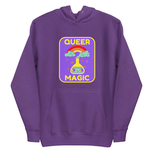 Introducing the "Queer Magic Hoodie" by Pridelity, a stylish piece from our pride collection. This purple hoodie features a vibrant design of a potion bottle with a smiling face, set amidst clouds and a rainbow. The phrase "Queer Magic" is elegantly printed above and below the illustration, celebrating LGBTQ+ spirit with flair.