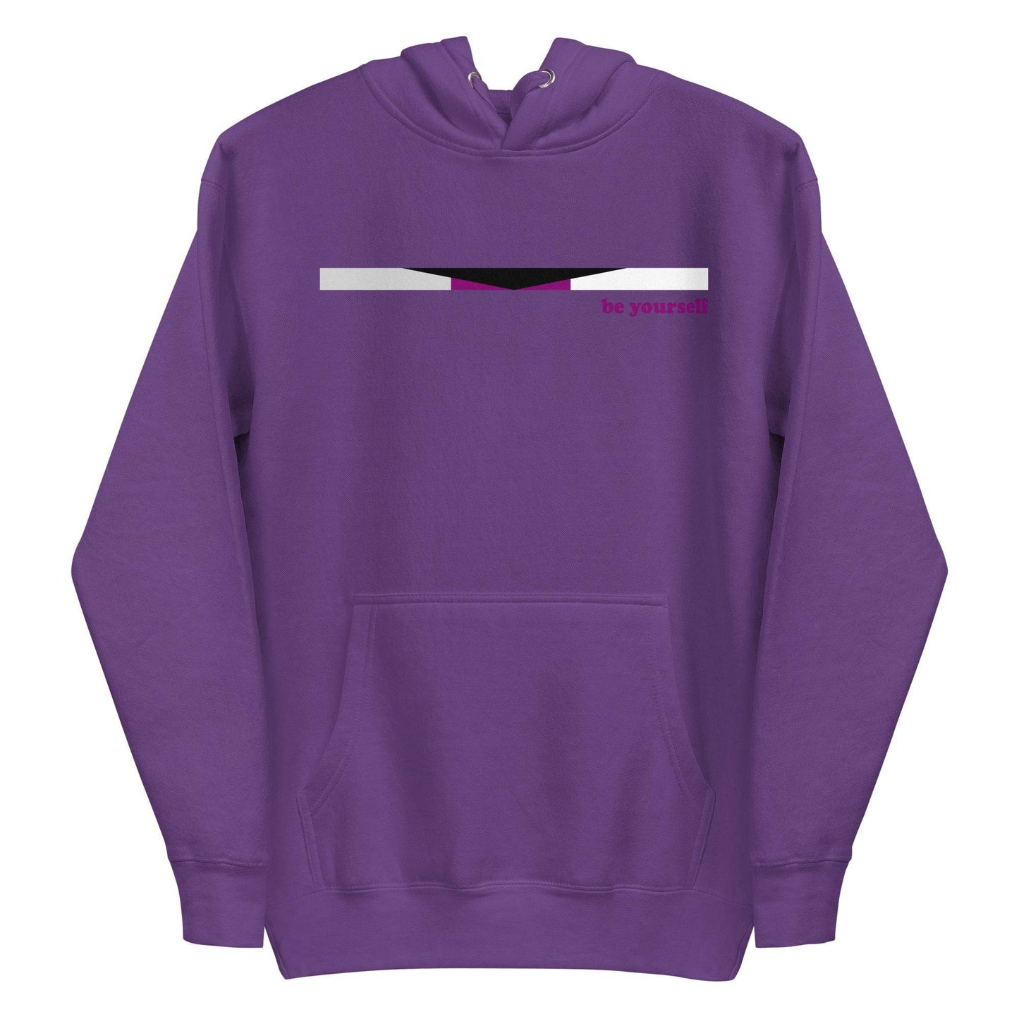 The Demisexual Hoodie by Pridelity is a stylish purple hoodie that highlights a small pride flag design across the chest, featuring black, gray, white, and purple stripes. Bold red text beside the flag reads "be yourself." It also includes a convenient front pocket and a cozy drawstring hood for ultimate comfort.