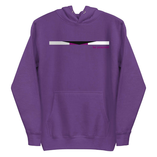 The Demisexual Hoodie by Pridelity is a stylish purple hoodie that highlights a small pride flag design across the chest, featuring black, gray, white, and purple stripes. Bold red text beside the flag reads "be yourself." It also includes a convenient front pocket and a cozy drawstring hood for ultimate comfort.