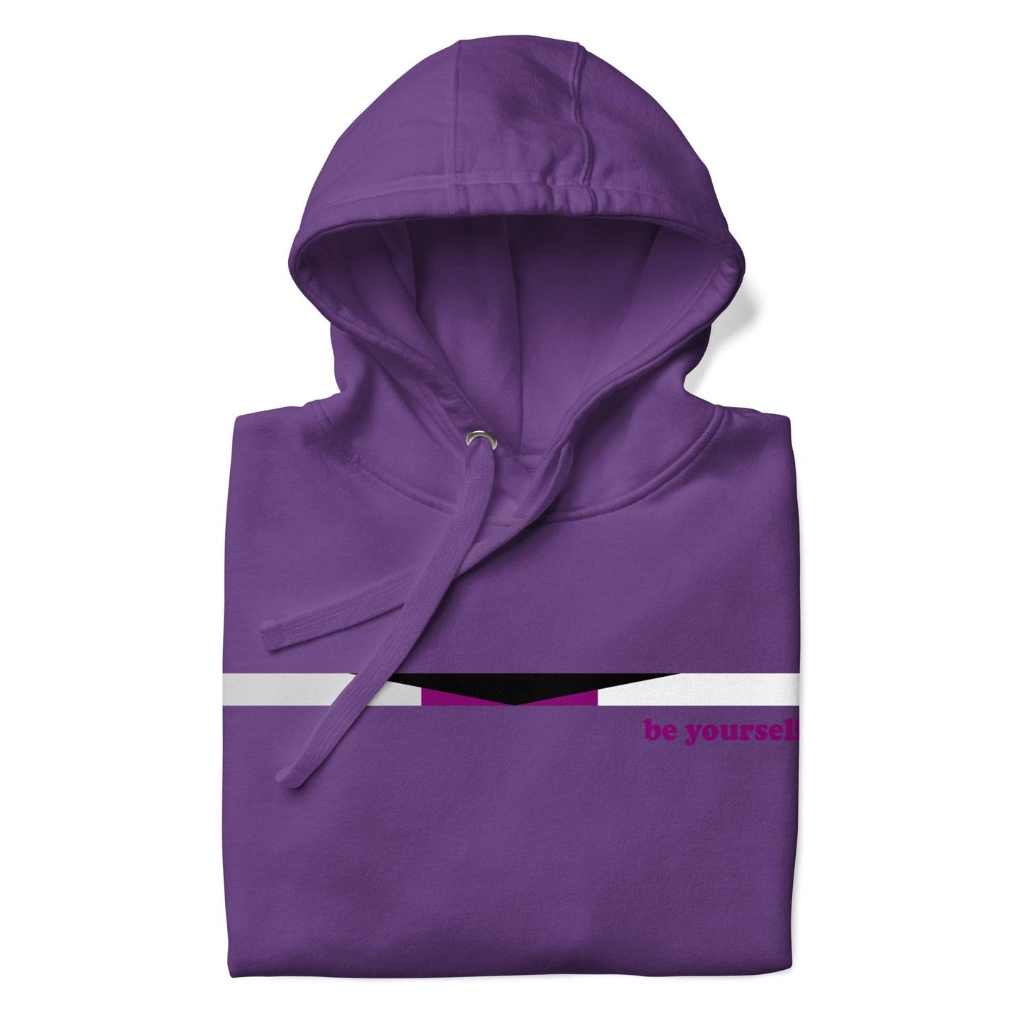 The Demisexual Hoodie by Pridelity is a stylish purple hoodie that highlights a small pride flag design across the chest, featuring black, gray, white, and purple stripes. Bold red text beside the flag reads "be yourself." It also includes a convenient front pocket and a cozy drawstring hood for ultimate comfort.