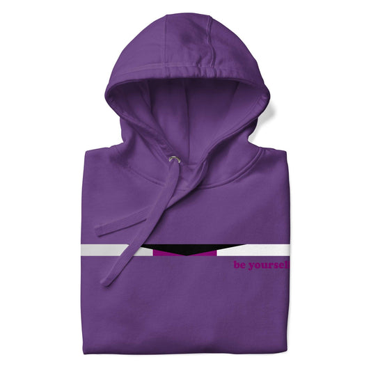 The Demisexual Hoodie by Pridelity is a stylish purple hoodie that highlights a small pride flag design across the chest, featuring black, gray, white, and purple stripes. Bold red text beside the flag reads "be yourself." It also includes a convenient front pocket and a cozy drawstring hood for ultimate comfort.