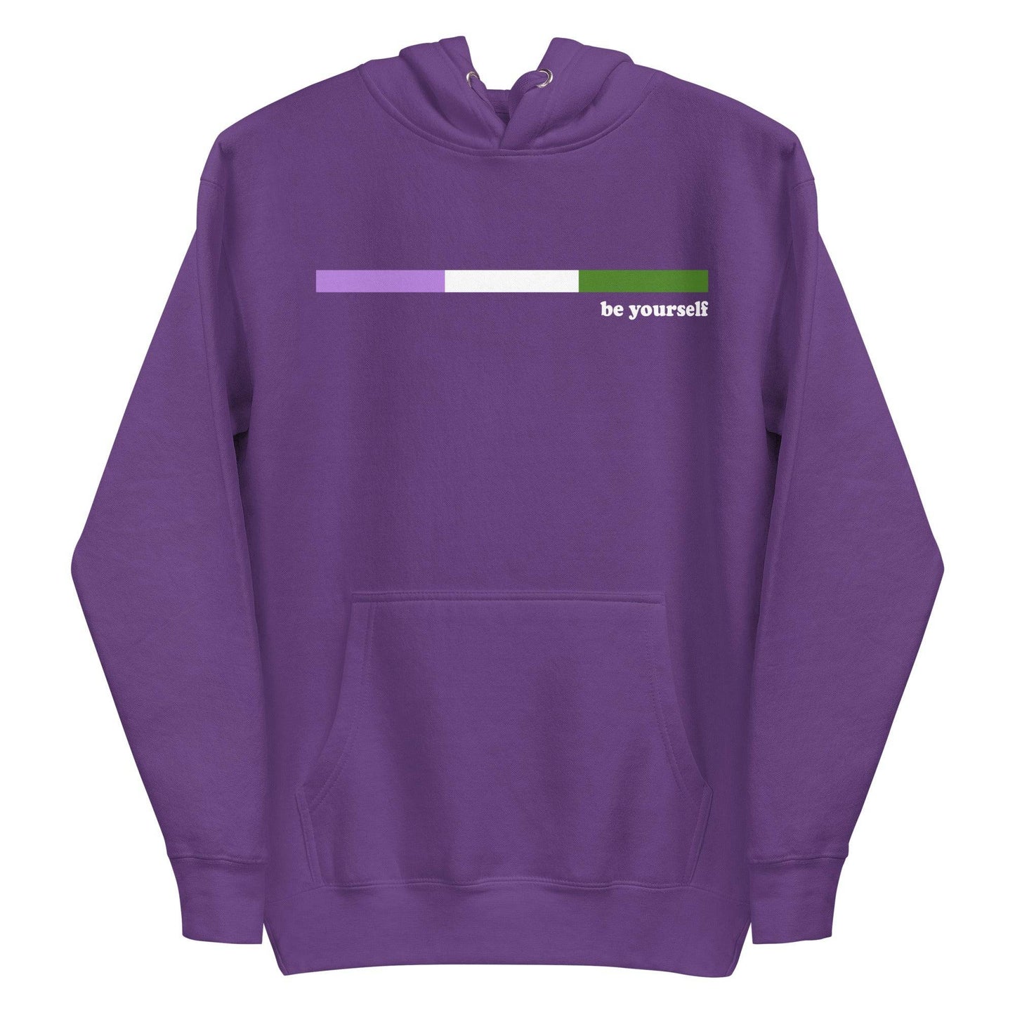 The Genderqueer Hoodie by Pridelity showcases a purple design with a genderfluid pride flag on the chest. Displaying the phrase "be yourself" in white next to the flag, it includes a front pocket and drawstring hood, making it ideal for expressing your true self in style.