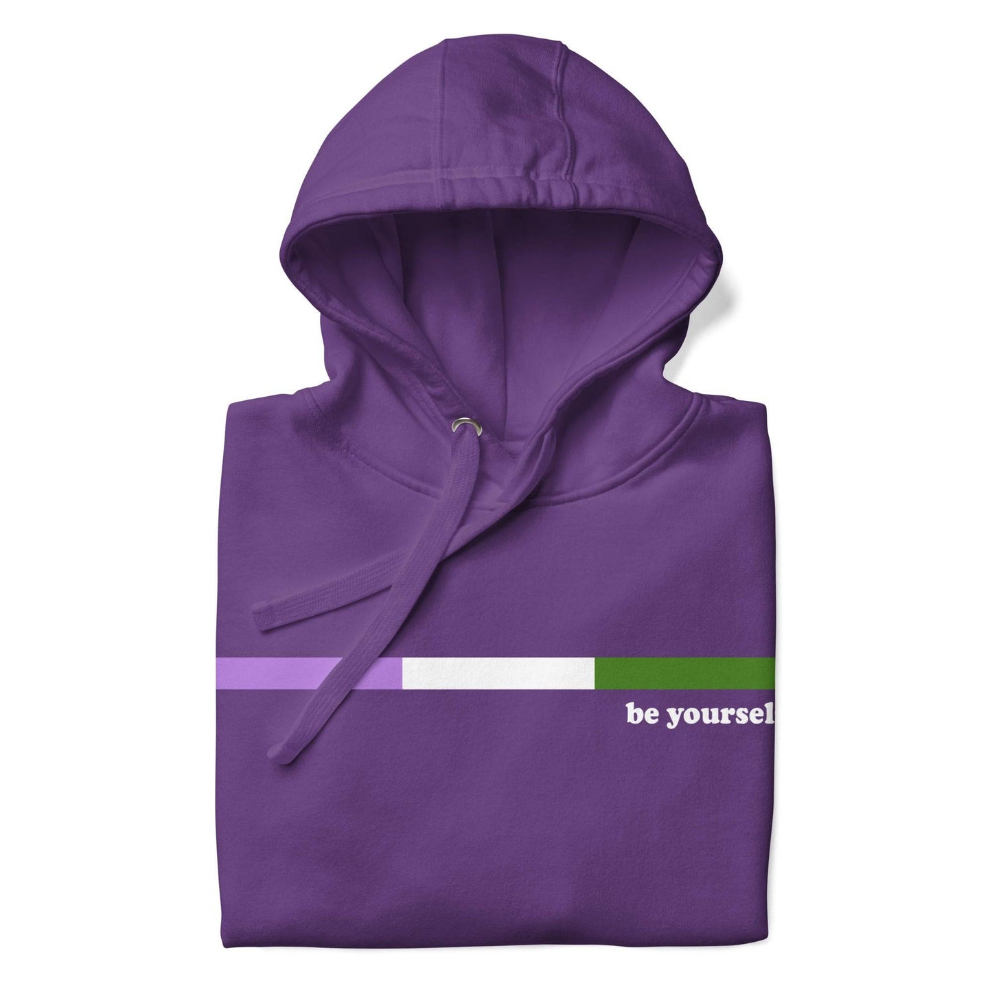 The Genderqueer Hoodie by Pridelity showcases a purple design with a genderfluid pride flag on the chest. Displaying the phrase "be yourself" in white next to the flag, it includes a front pocket and drawstring hood, making it ideal for expressing your true self in style.