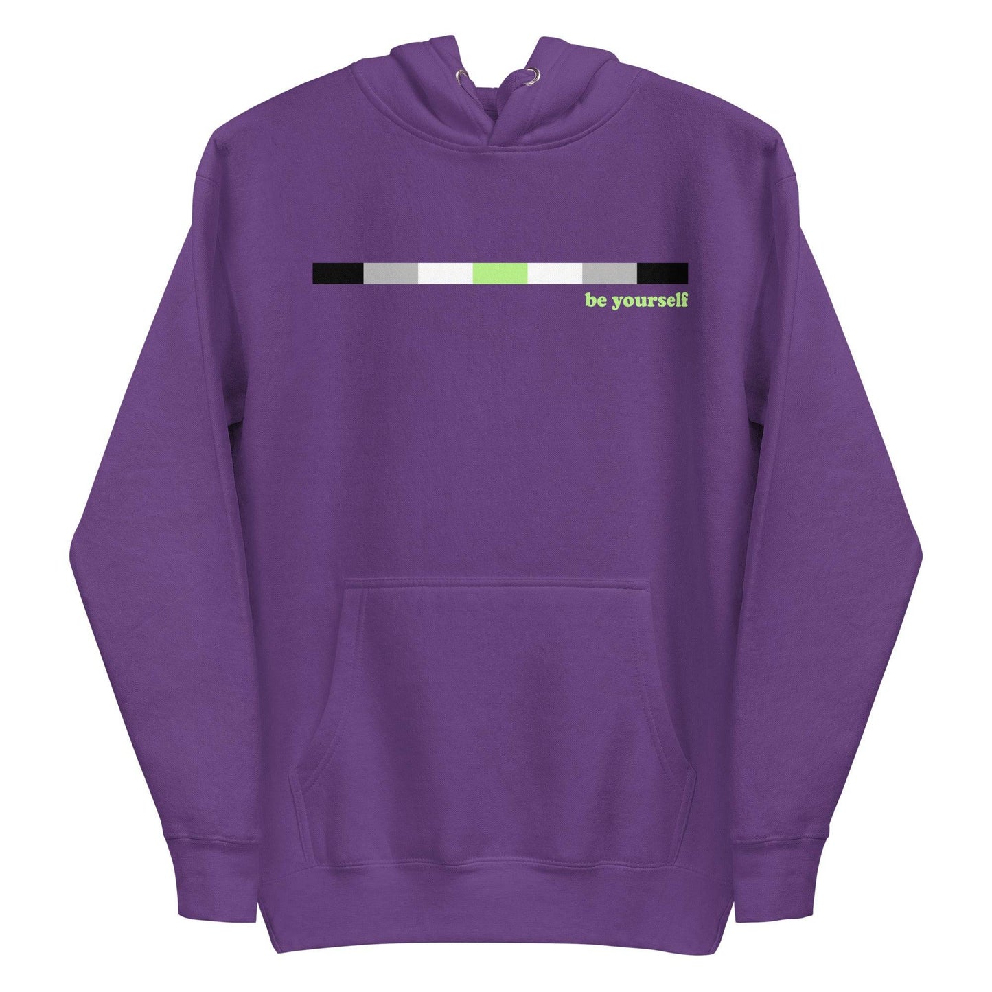 Introducing the Pridelity Agender Hoodie: a navy blue hoodie featuring a horizontal color bar in black, gray, white, and green. Adjacent to the bar on the right side is green text that reads "be yourself." This exclusive item from our Pride Collection includes a front pocket and drawstring hood.