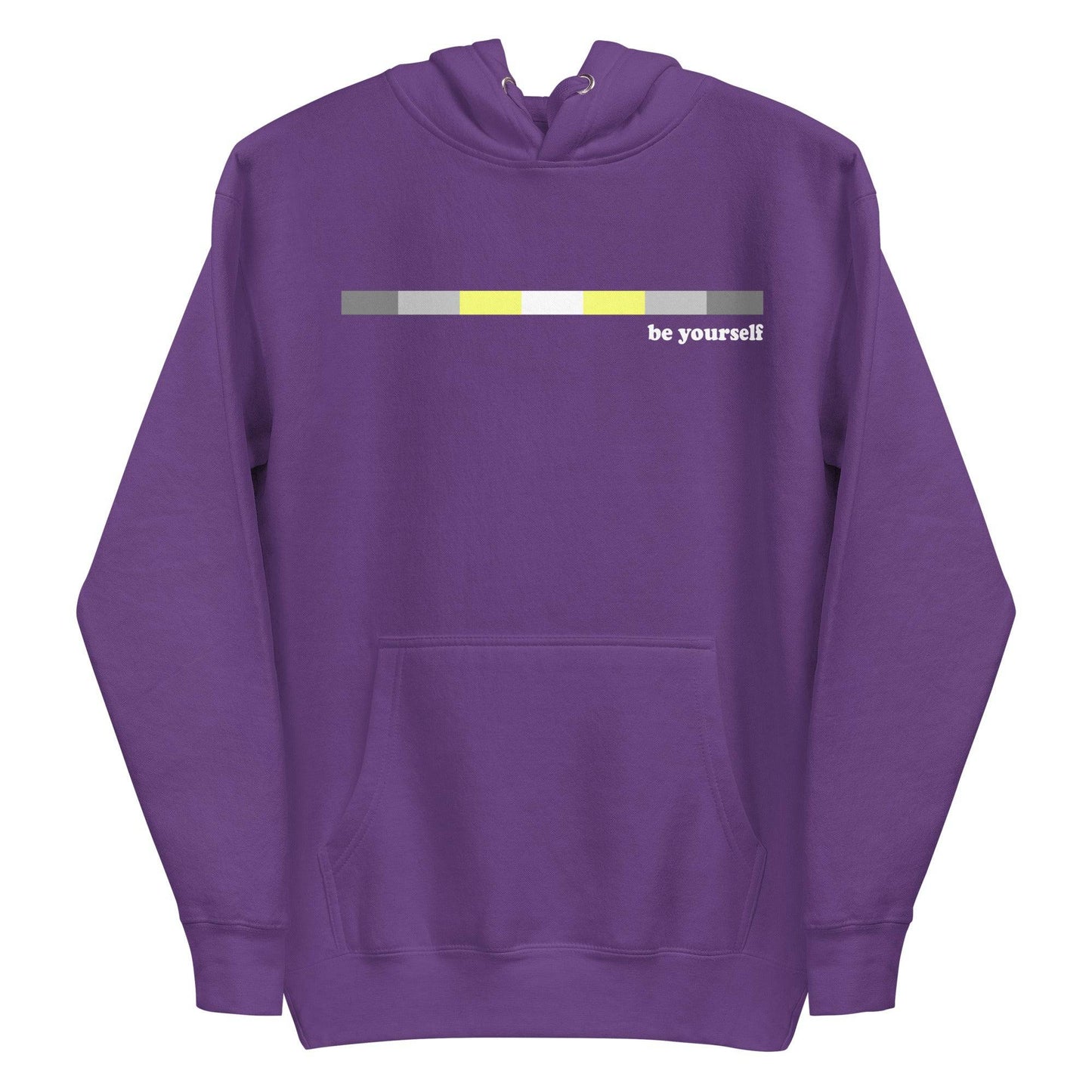 Introducing the Demigender Hoodie by Pridelity: a black pride hoodie showcasing a horizontal progress bar design in gray, yellow, and black shades. The text "be yourself" is prominently displayed beside the bar. The stylish and comfortable hoodie features a front pocket and drawstring hood.