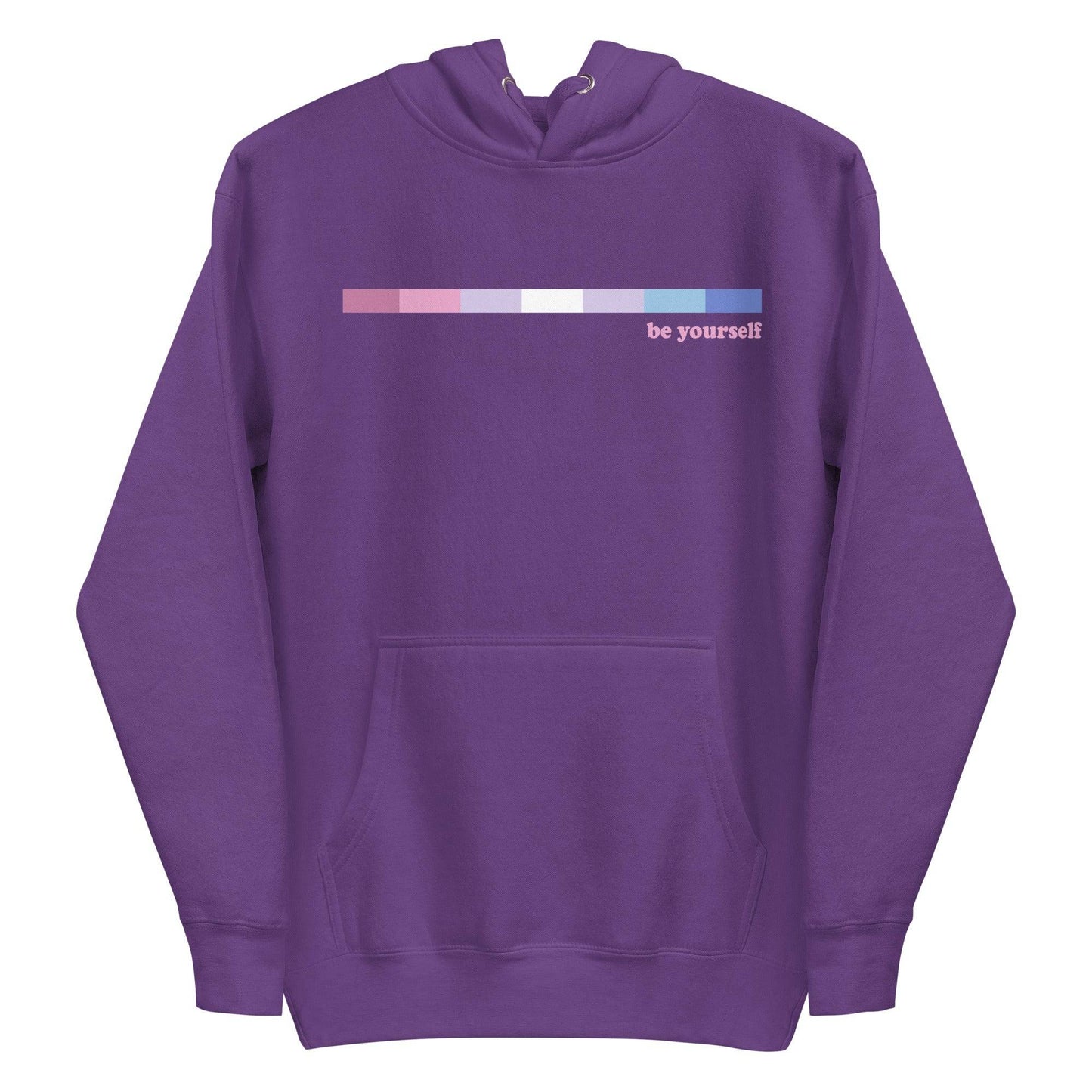 Introducing the Bigender Hoodie from Pridelity's Pride Collections, available in maroon. This hoodie showcases a front pocket and a beautiful horizontal gradient in pink and purple shades, with the phrase "be yourself" elegantly displayed in white on the right side of the chest.