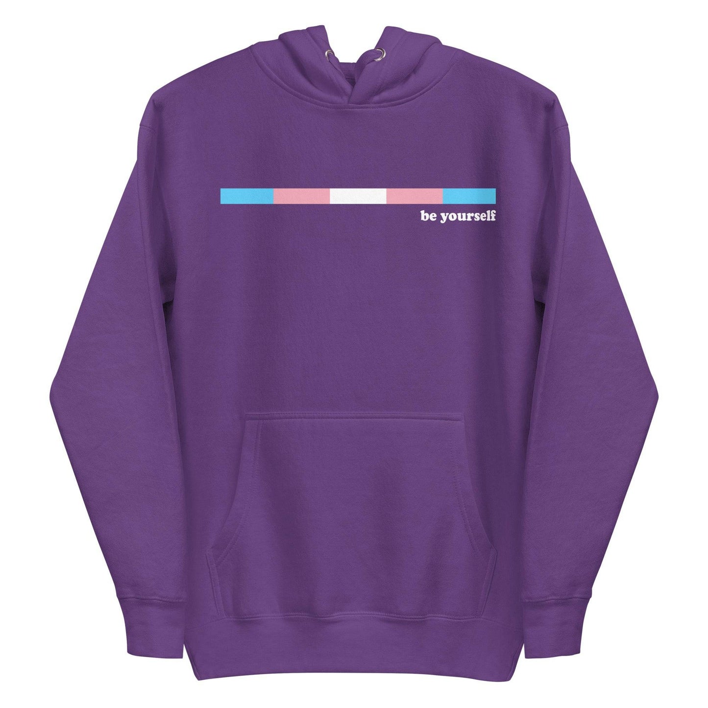 Celebrate your LGBTQ+ pride with Pridelity's Trans Hoodie in Team Royal. This stylish hoodie features a front pocket and a thin horizontal gradient bar of blue, pink, and white. Next to it, you'll find the empowering message "be yourself" printed in crisp white.