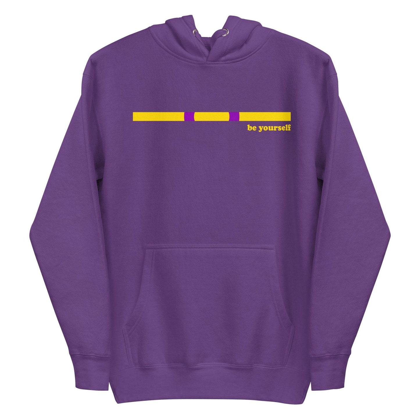The Intersex Hoodie by Pridelity, in black, features a horizontal yellow and purple bar above the chest with "be yourself" in yellow on the right. It includes a front pocket and drawstring hood, offering a comfortable yet empowering style.