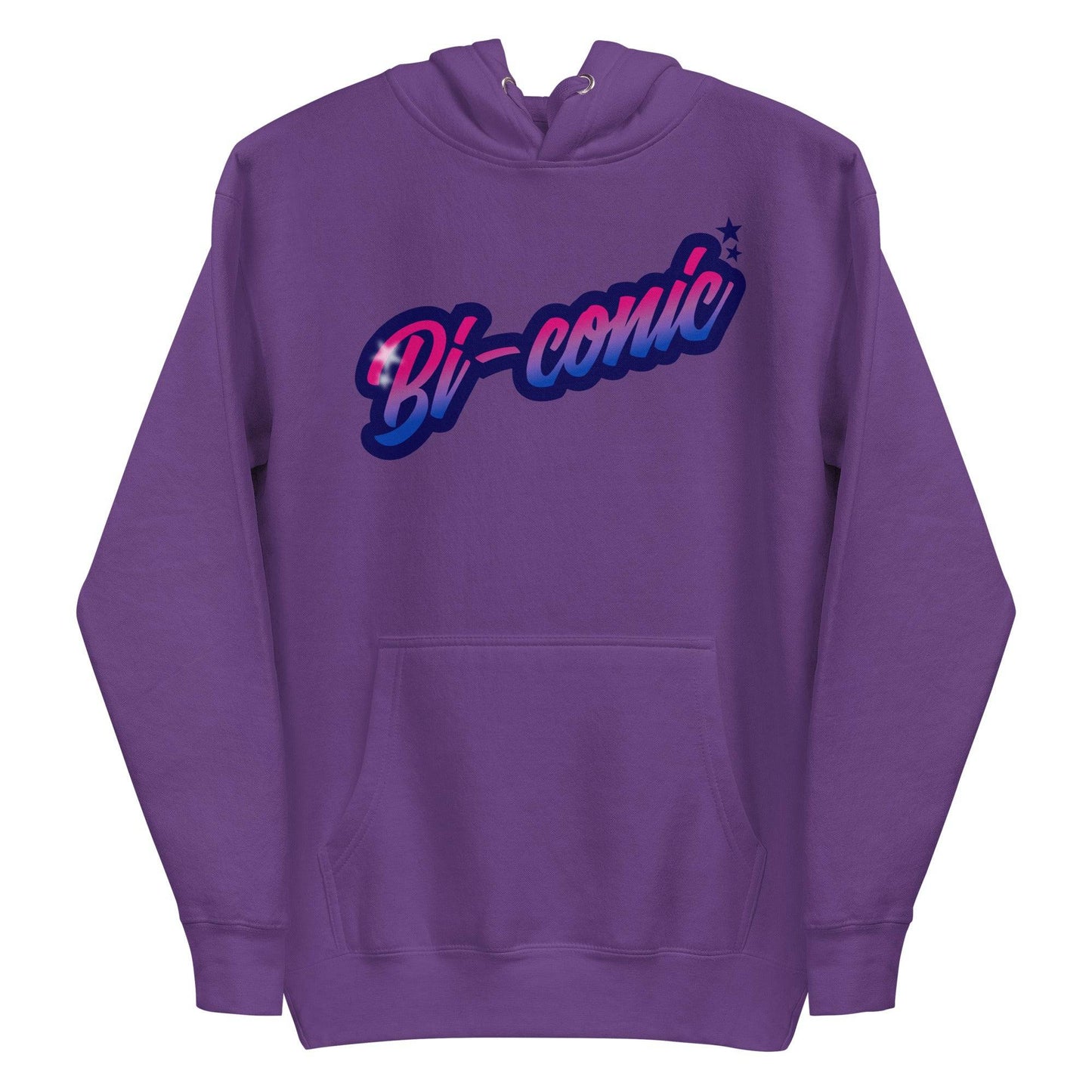 Pridelity's Bi-Conic Hoodie from our Pride Merch collection showcases the word "Bi-conic" in bold, stylized text on the front. The gradient text fades from pink to white, outlined with a dark border and highlighted by subtle stars. This blue hoodie also features a handy front pocket.