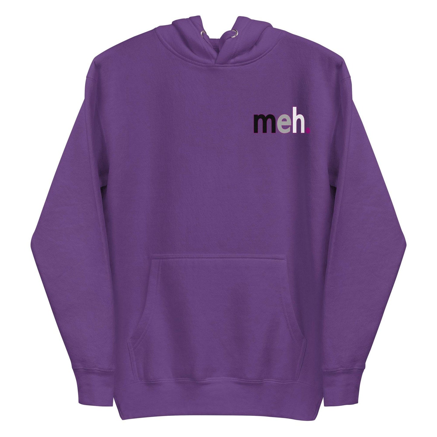 Introducing the Meh. Hoodie by Pridelity, featuring bold black and purple "meh." text on the upper left chest, reminiscent of pride shirts. This stylish white hoodie comes with a front pocket and an adjustable drawstring hood for added comfort and style.