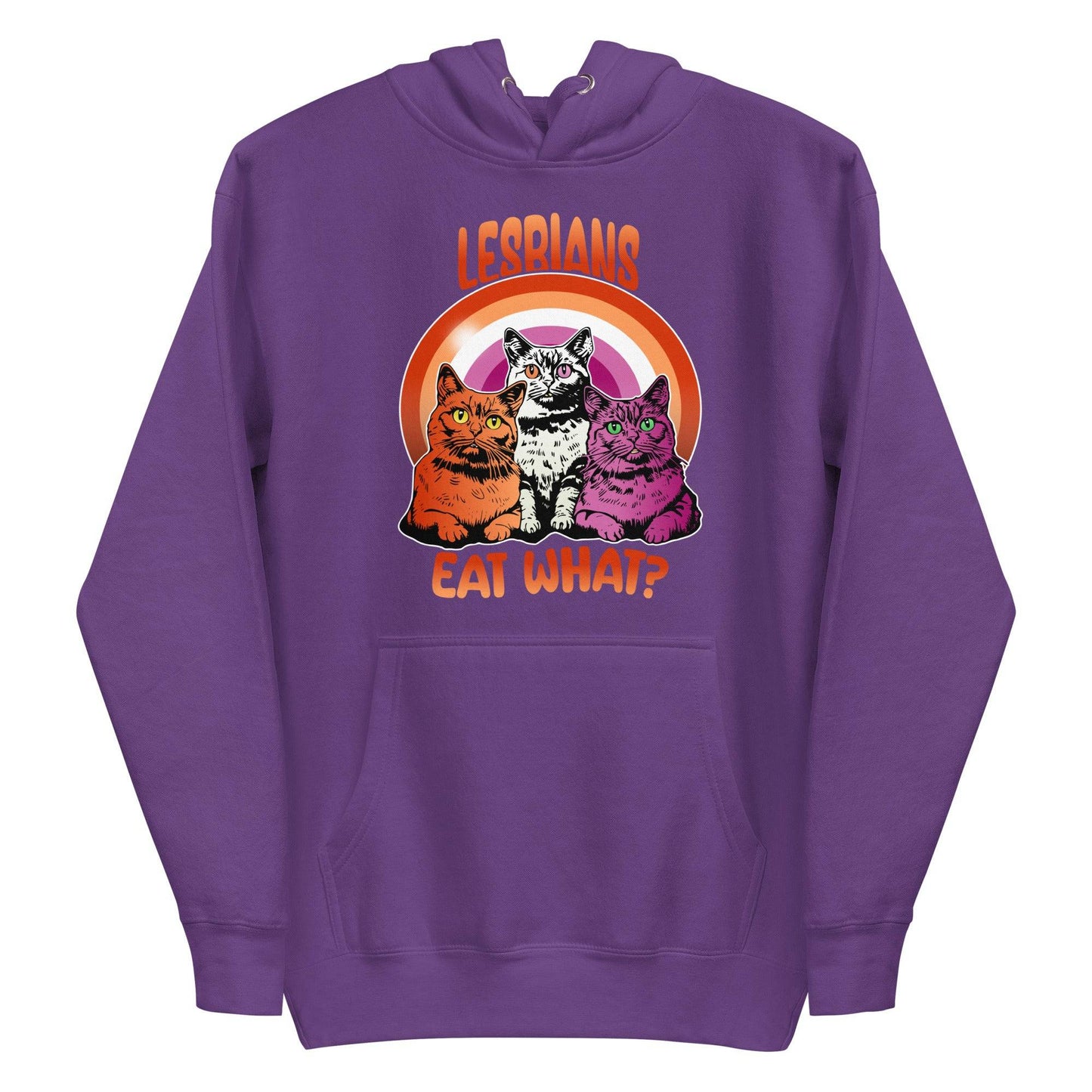 The maroon "Lesbians Eat What?" hoodie from Pridelity features three vibrant cats set against a rainbow background. The word "Lesbians" is prominently displayed above, with the humorous phrase "Eat What?" boldly written below, making it an ideal pride garment for those who want to express their style and humor.