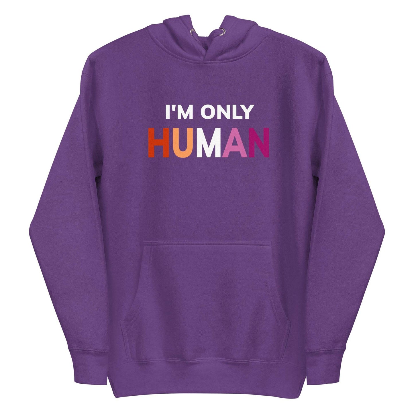Introducing the "I'm Only Human" Hoodie by Pridelity, designed in sleek black with a front pocket. It proudly displays the text "I'M ONLY HUMAN" in a striking gradient of white, orange, and pink, making it a stylish addition that perfectly captures the essence of pride apparel.