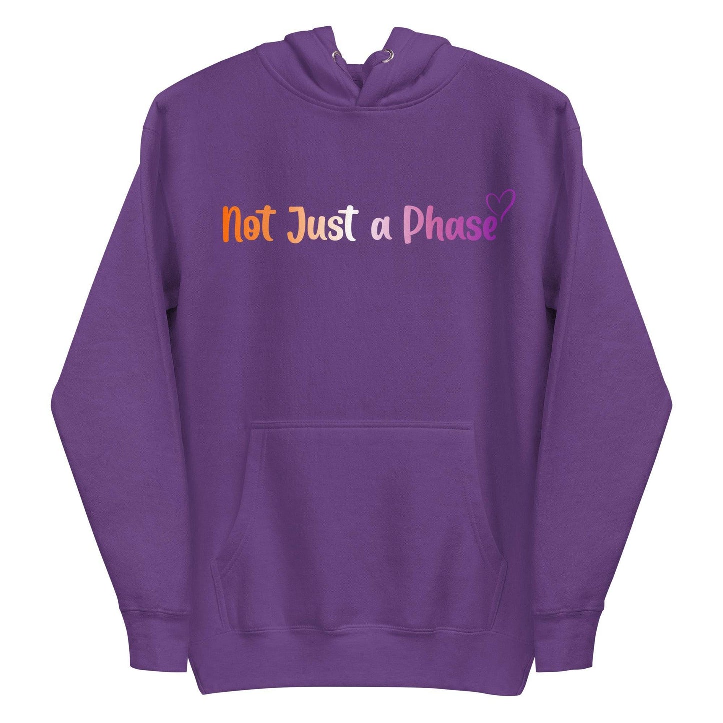 The Pridelity "Not Just A Phase" Hoodie is a black hoodie featuring the text "Not Just a Phase" in multicolored letters, finished with a small heart, celebrating pride shirts with its bold design.