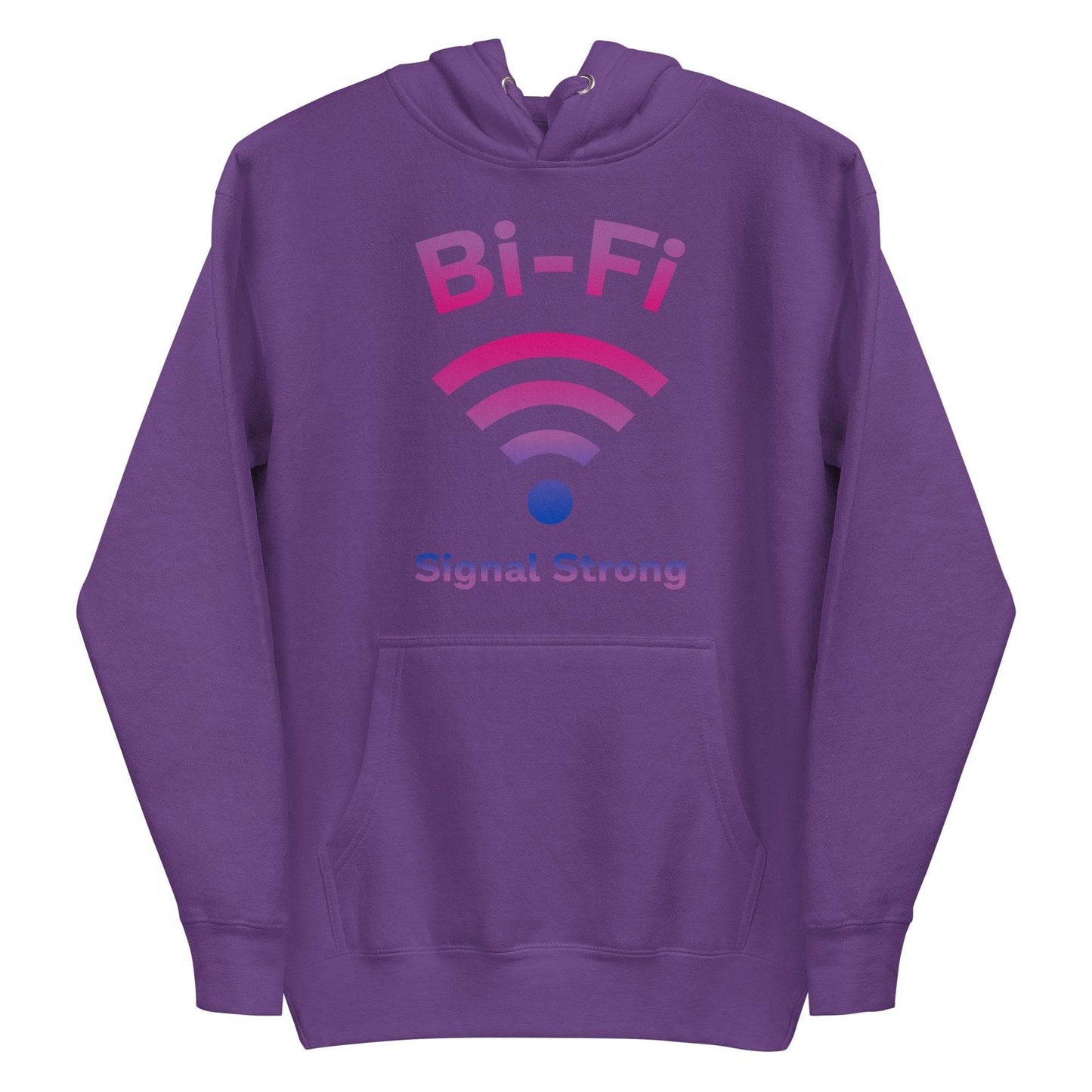 Introducing the Bi-Fi Hoodie by Pridelity, a stylish white hoodie from the Pride Collection. It features "Bi-Fi Signal Strong" in vibrant pink and purple text with a Wi-Fi symbol design—perfect Pride merch to showcase your connection and style.