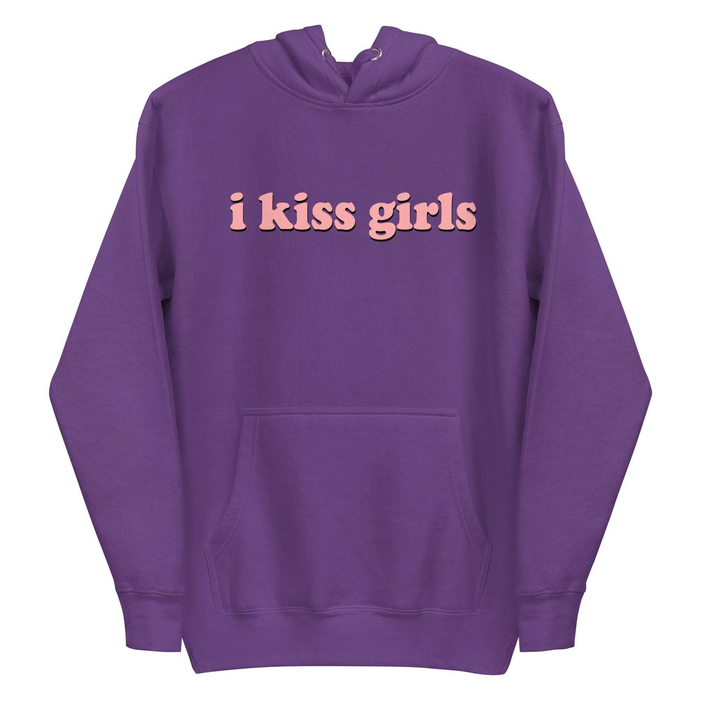 The "I Kiss Girls" Hoodie by Pridelity is a pride celebration in dusty rose, featuring bold, light pink lettering on the front, along with a convenient front pocket and drawstring hood.
