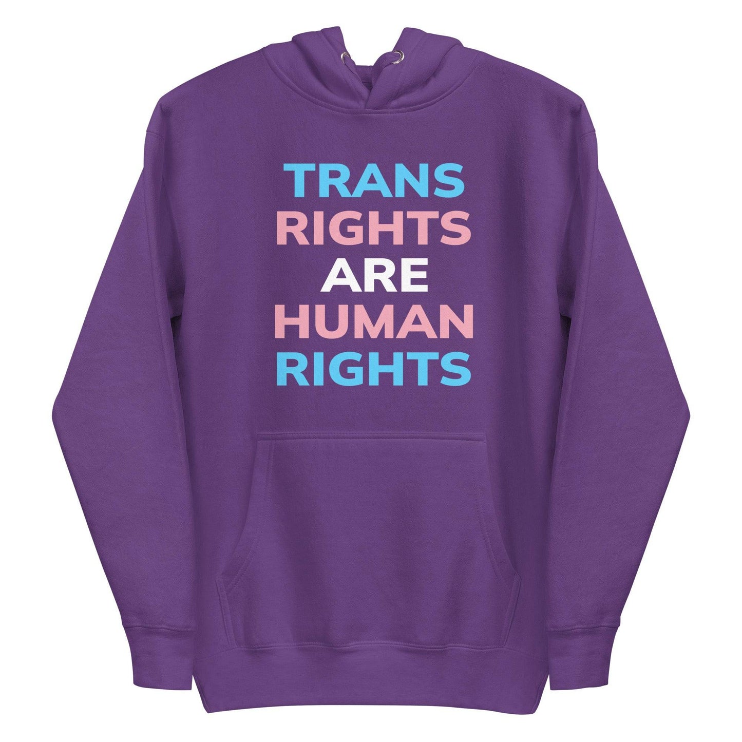 Introducing the Trans Rights Hoodie from Pridelity's pride collection—this navy blazer hoodie prominently showcases the phrase "TRANS RIGHTS ARE HUMAN RIGHTS" in bold, alternating hues of blue, pink, and white, celebrating LGBTQ+ rights.