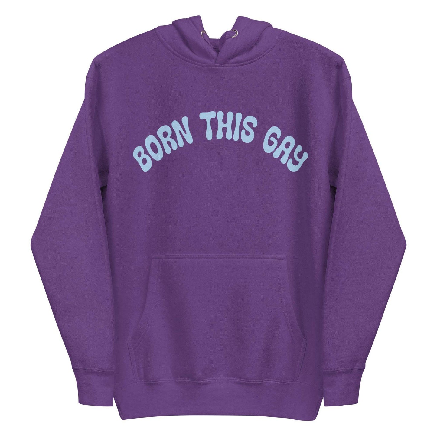 This navy blazer hoodie from Pridelity's Pride Collection prominently features "BORN THIS GAY" in light blue across the chest, complete with a convenient front pocket and a cozy drawstring hood, making it an essential piece of Pride Merch.