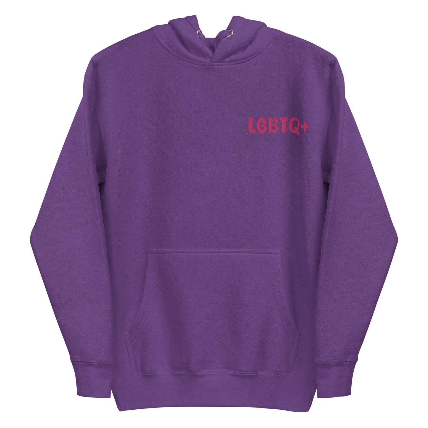 Introducing the Pridelity LGBTQ+ Hoodie in white, showcasing a small red "LGBTQ+" print on the left chest. This pride hoodie combines comfort and style, featuring a front pocket and drawstrings for those wishing to express their support with understated elegance.