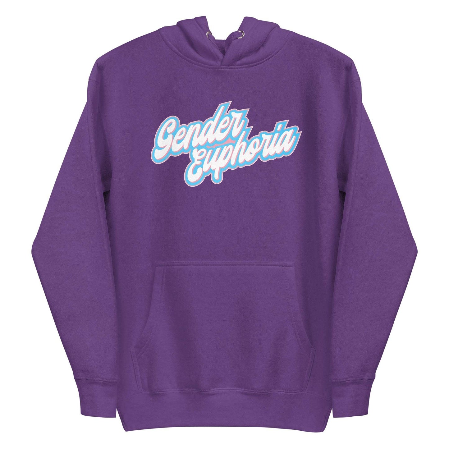 Introducing the Pridelity Gender Euphoria Hoodie, a stylish white piece adorned with "Gender Euphoria" in elegant blue and pink script across the chest. It features a front pocket and adjustable hood drawstrings for added comfort.