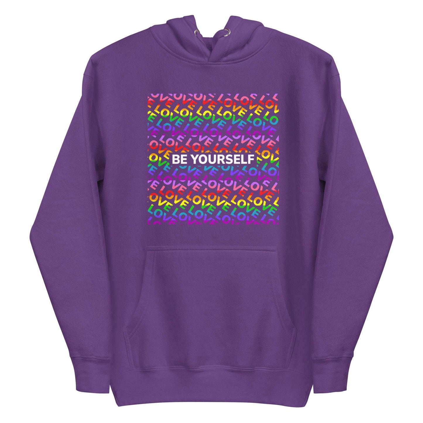 Introducing the Be Yourself Hoodie by Pridelity: a black hoodie adorned with a vibrant square pattern and the uplifting message "LOVE YOURSELF" in rainbow colors repeated inside. This striking piece of Pride merch is sure to stand out, making it an ideal addition to any Pride collection with its emphasis on positivity.