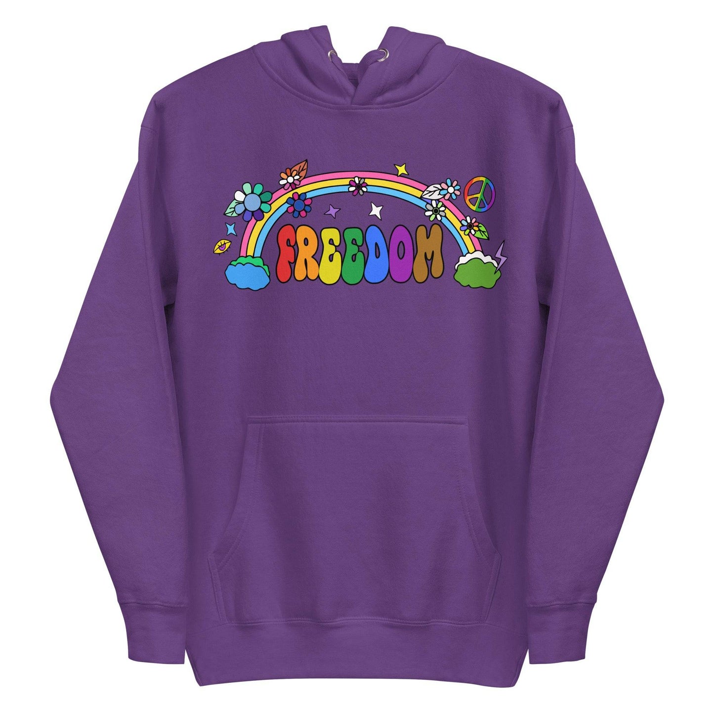 A folded dusty rose Freedom Hoodie from Pridelity features a vibrant design with "Freedom" in rainbow letters. It's adorned with flowers, stars, a rainbow, and a peace symbol, all in a playful retro style.