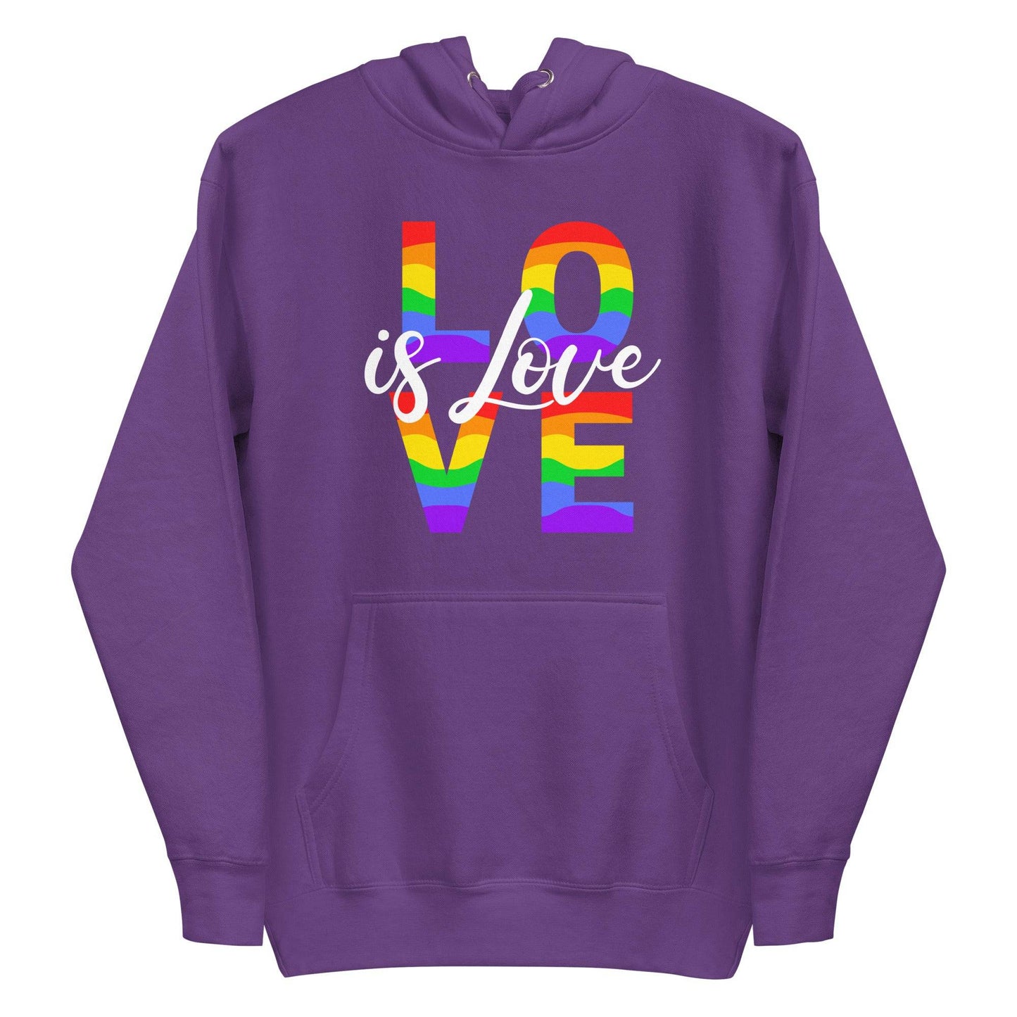 Pridelity introduces the Love Hoodie, a stylish black garment that celebrates pride. It showcases "LOVE is Love" on the front, with "LOVE" adorned in a vibrant rainbow pattern and "is Love" elegantly scripted in white cursive. Designed for both comfort and style, this pride hoodie includes a kangaroo pocket and drawstrings.