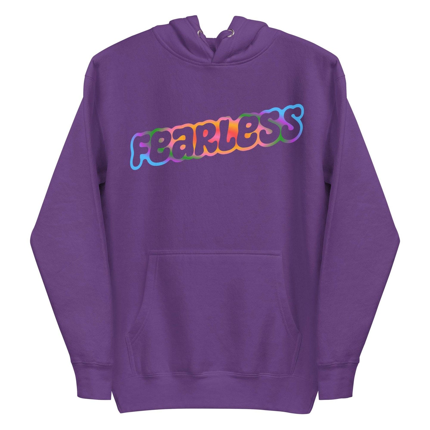 The Pridelity Fearless Hoodie showcases the word "Fearless" in lively, colorful bubble-like letters across the chest, incorporating shades of red, purple, and blue for a playful and vibrant appearance. This white hoodie also includes a front pocket and a drawstring hood.