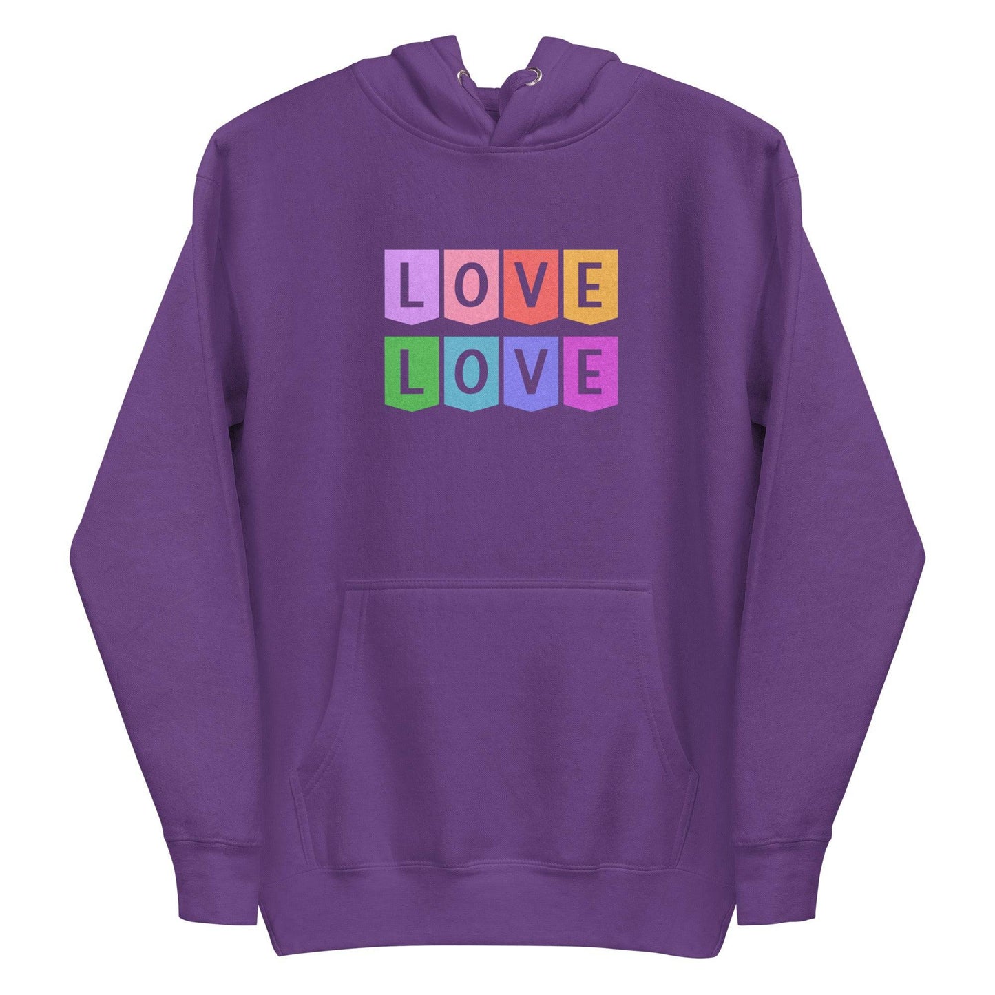 The Pridelity Love Love Hoodie is a white hoodie showcasing a colorful block design on the chest, with the word "LOVE" written twice and each letter featured in its own square. The vibrant colors—pink, purple, orange, green, and blue—make it an ideal addition to your pride shirts collection. It also includes a front pocket and drawstring hood for added comfort and style.