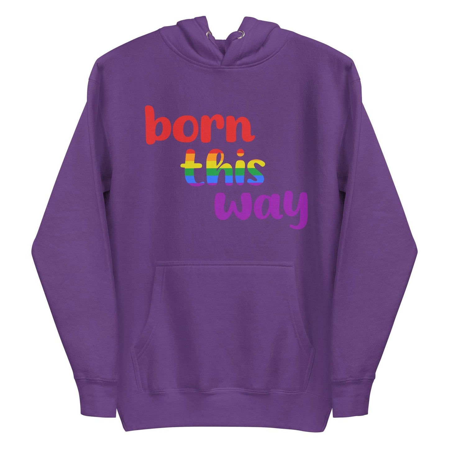 The Born This Way Hoodie by Pridelity is a standout piece in our Pride Merch. It features bold lettering on the front, with "born" in striking red, "this" showcasing a vibrant rainbow gradient, and "way" in deep purple against its black fabric. This hoodie is perfect for expressing your individuality while supporting Pride Collections.