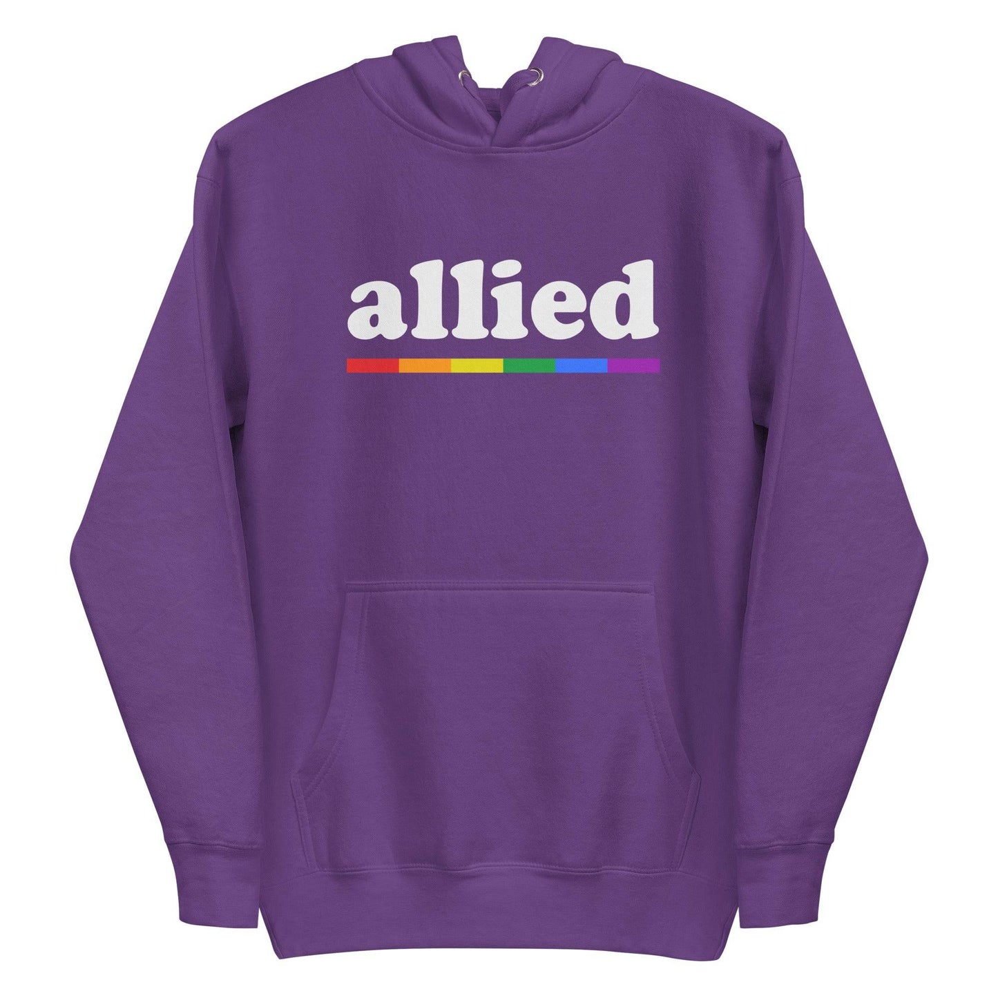 Introducing the Allied Hoodie by Pridelity: a black hoodie that showcases the word "allied" in white text above a striking rainbow stripe, making it a standout piece from our Pride Collections.