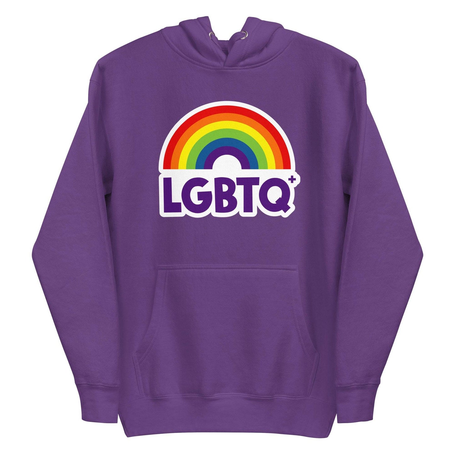 The Pridelity LGBTQ+ Hoodie, with its vibrant purple hue, showcases a rainbow design above the "LGBTQ+" text on the front. Perfect for pride enthusiasts, it includes a spacious front pocket and a hood equipped with drawstrings.