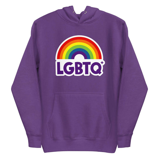 The Pridelity LGBTQ+ Hoodie, with its vibrant purple hue, showcases a rainbow design above the "LGBTQ+" text on the front. Perfect for pride enthusiasts, it includes a spacious front pocket and a hood equipped with drawstrings.