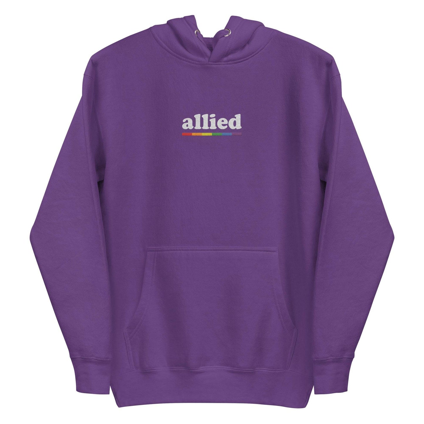 The Allied Hoodie by Pridelity is a black hoodie adorned with the word "allied" in white text across the chest, accompanied by a vibrant horizontal rainbow stripe below. This piece of Pride Merch features a front pocket and a drawstring hood, effortlessly combining comfort with meaningful expression.