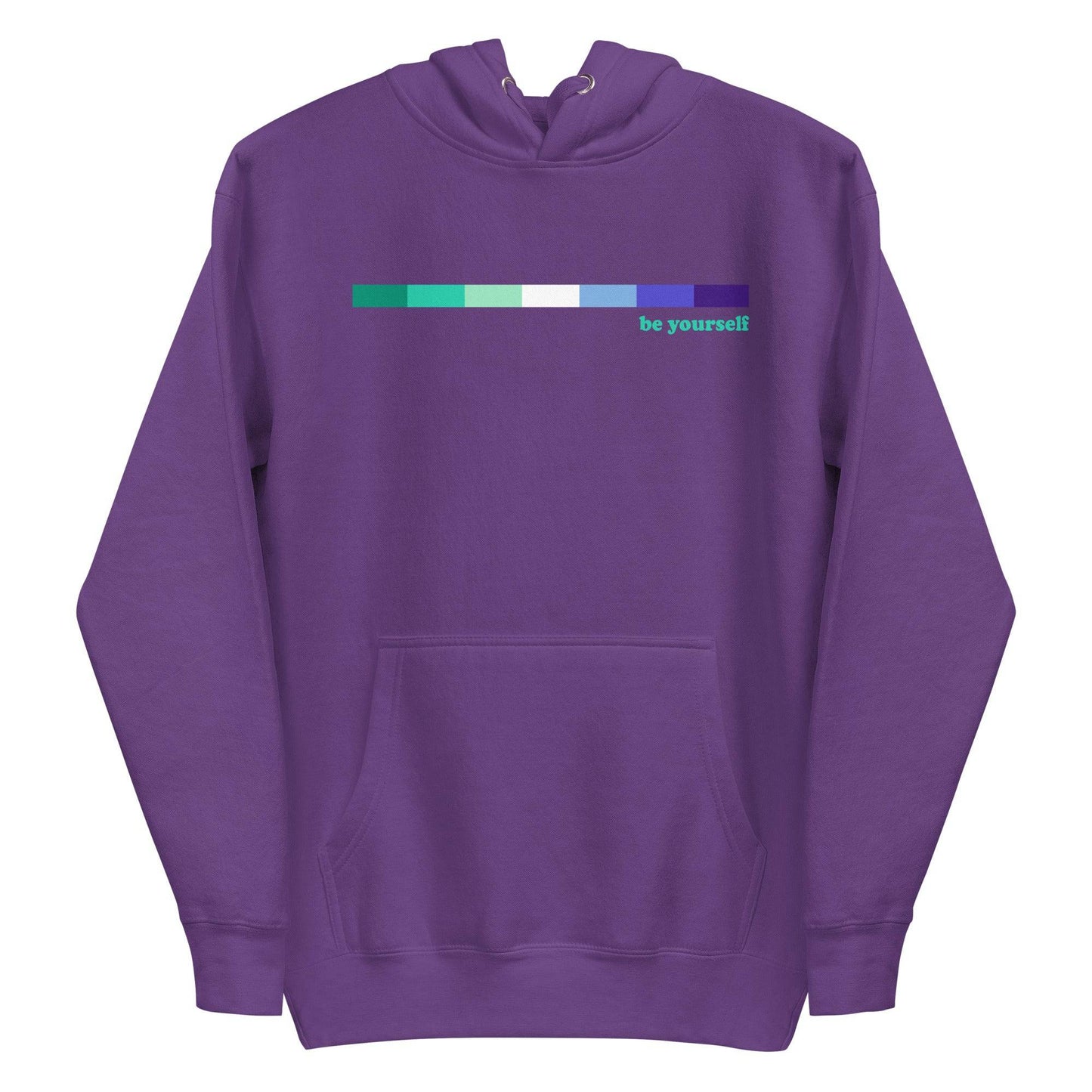 The Pridelity Gay Men Hoodie in Navy Blazer showcases a series of horizontal color blocks in shades of green, blue, and teal. The phrase "be yourself" is elegantly printed in light green on the right side of the color blocks. This hoodie also features a handy front pocket for added convenience.