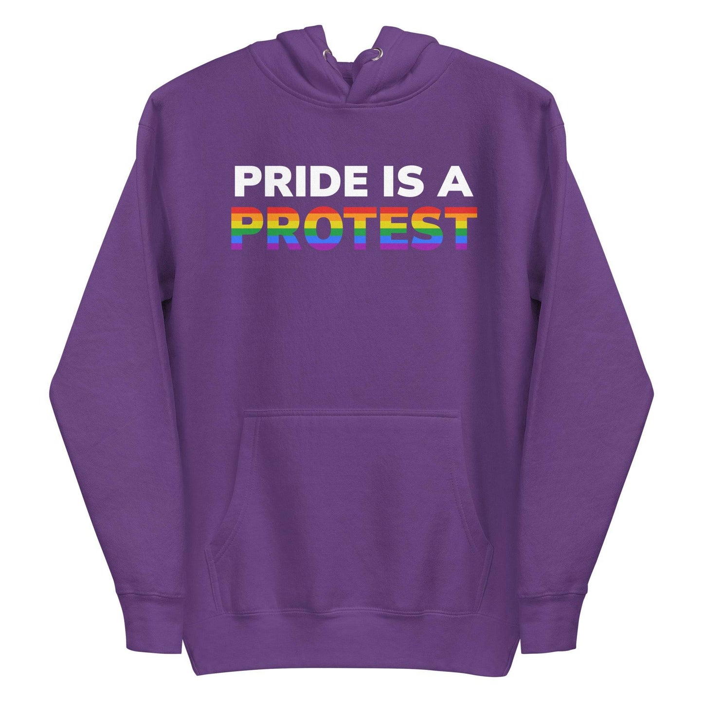 The Pride is a Protest Hoodie by Pridelity features an eye-catching design with the bold statement "PRIDE IS A PROTEST" in white and rainbow-colored letters on the front, set against a black background.