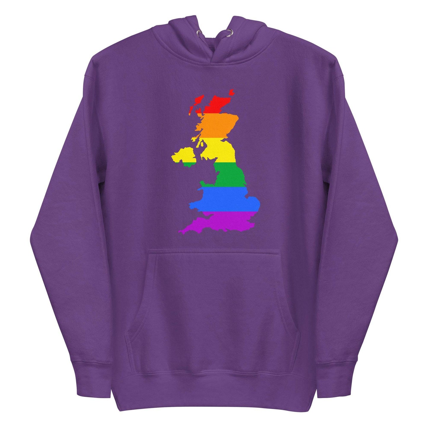 Introducing the British Isles Pride Hoodie by Pridelity, this sky blue hoodie features a vibrant depiction of Great Britain in rainbow colors, reflecting the LGBTQ+ pride flag. The eye-catching design is prominently displayed on the chest, making it an essential piece for any Pride Collection.
