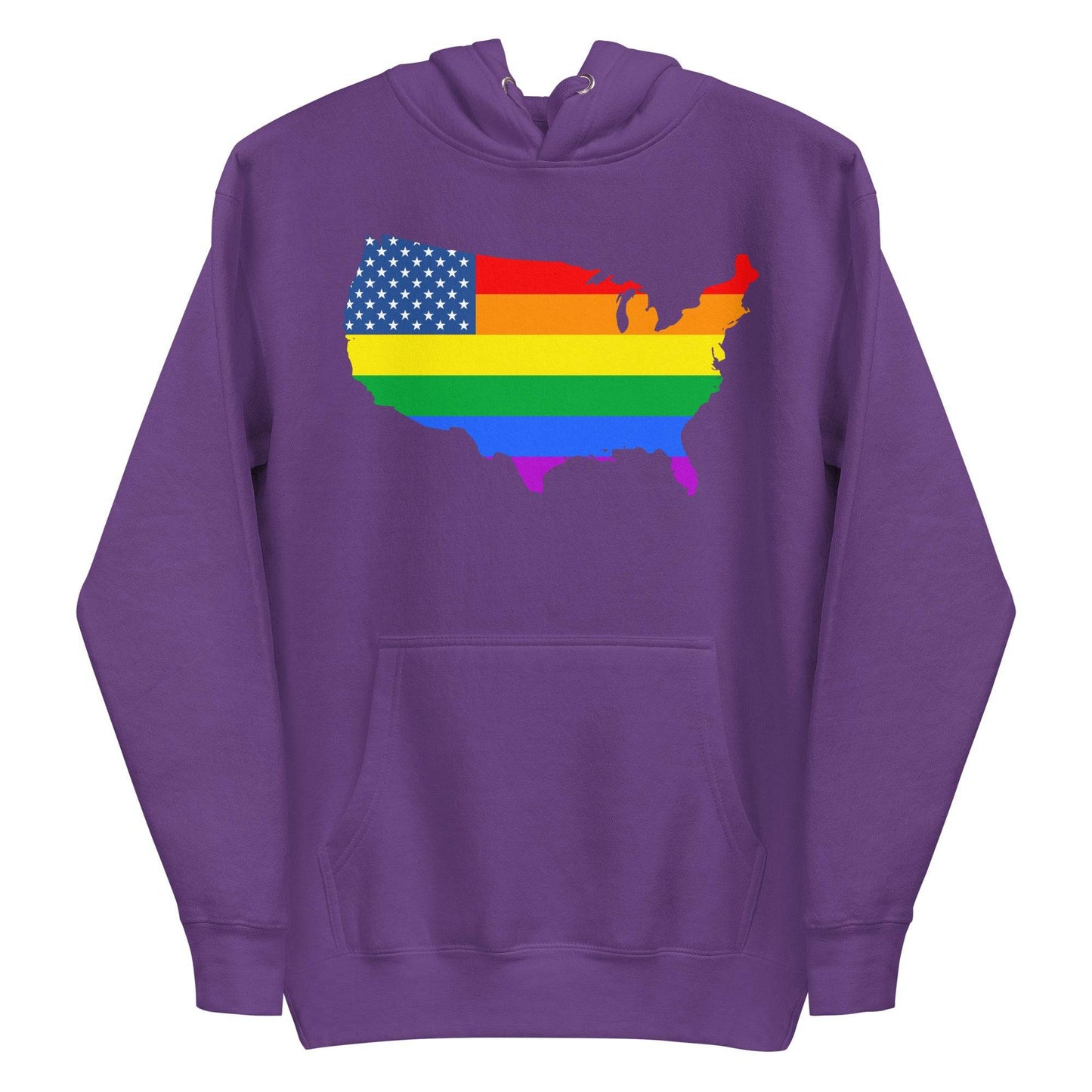 The US Map Pride Hoodie by Pridelity, in a sky blue color, showcases the United States map adorned with an American flag design that transitions into rainbow stripes, representing LGBTQ+ pride.