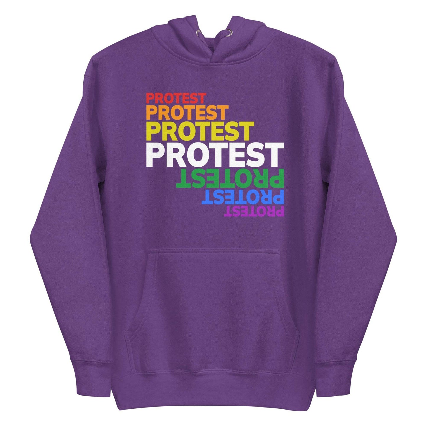 Introducing the Protest Hoodie by Pridelity: a sleek black hoodie featuring the word "PROTEST" printed repeatedly in eye-catching colors such as red, orange, yellow, white, green, and blue. The design showcases each layered and slightly overlapping word to create a striking visual effect inspired by pride shirts.
