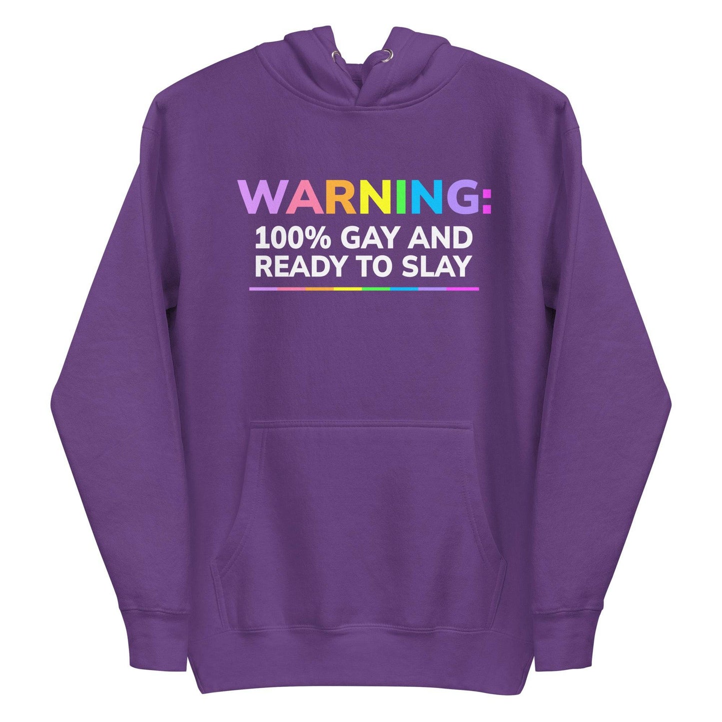 Purple Warning Hoodie with bold rainbow text stating '100% Gay and Ready to Slay,' perfect pride apparel for self-expression.