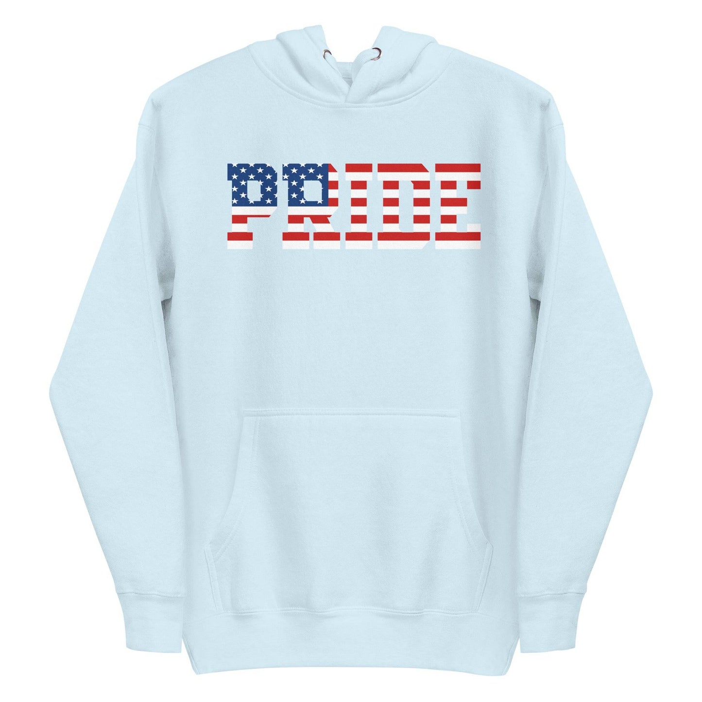 The American Pride Hoodie by Pridelity is a black sweatshirt that prominently displays "PRIDE" in bold letters, adorned with an American flag-inspired design. This pride merchandise boasts stars and stripes in red, white, and blue colors. It comes equipped with a front pocket and drawstring hood, making it a great addition to any pride collection.